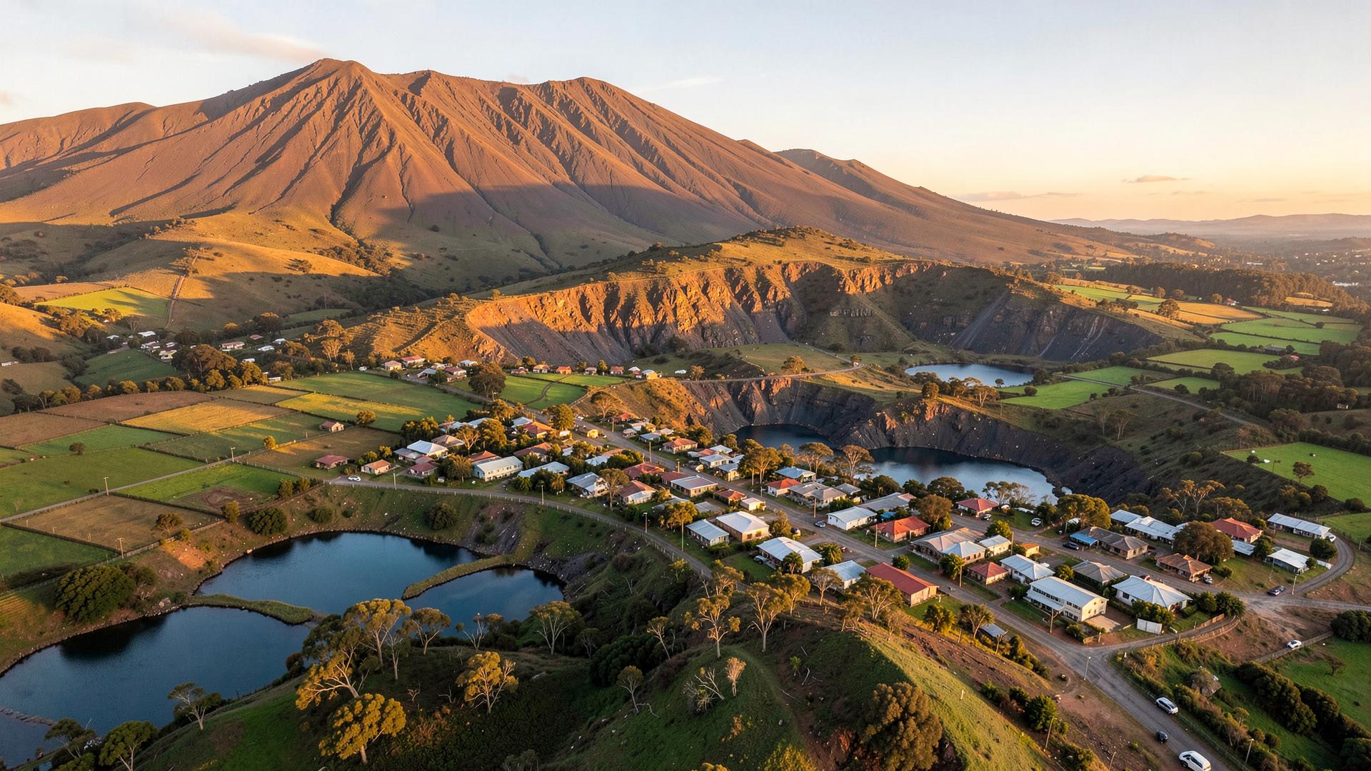 Mount Leura and the crater lakes above Camperdown at golden hour