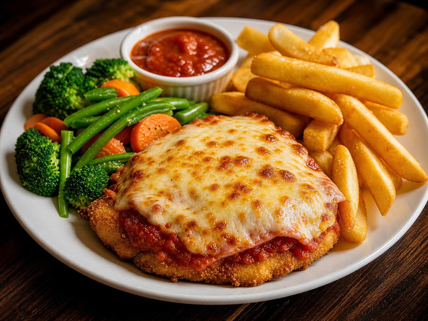 Chicken parmigiana with melted mozzarella and napoli sauce, served with crispy parma chips and steamed vegetables