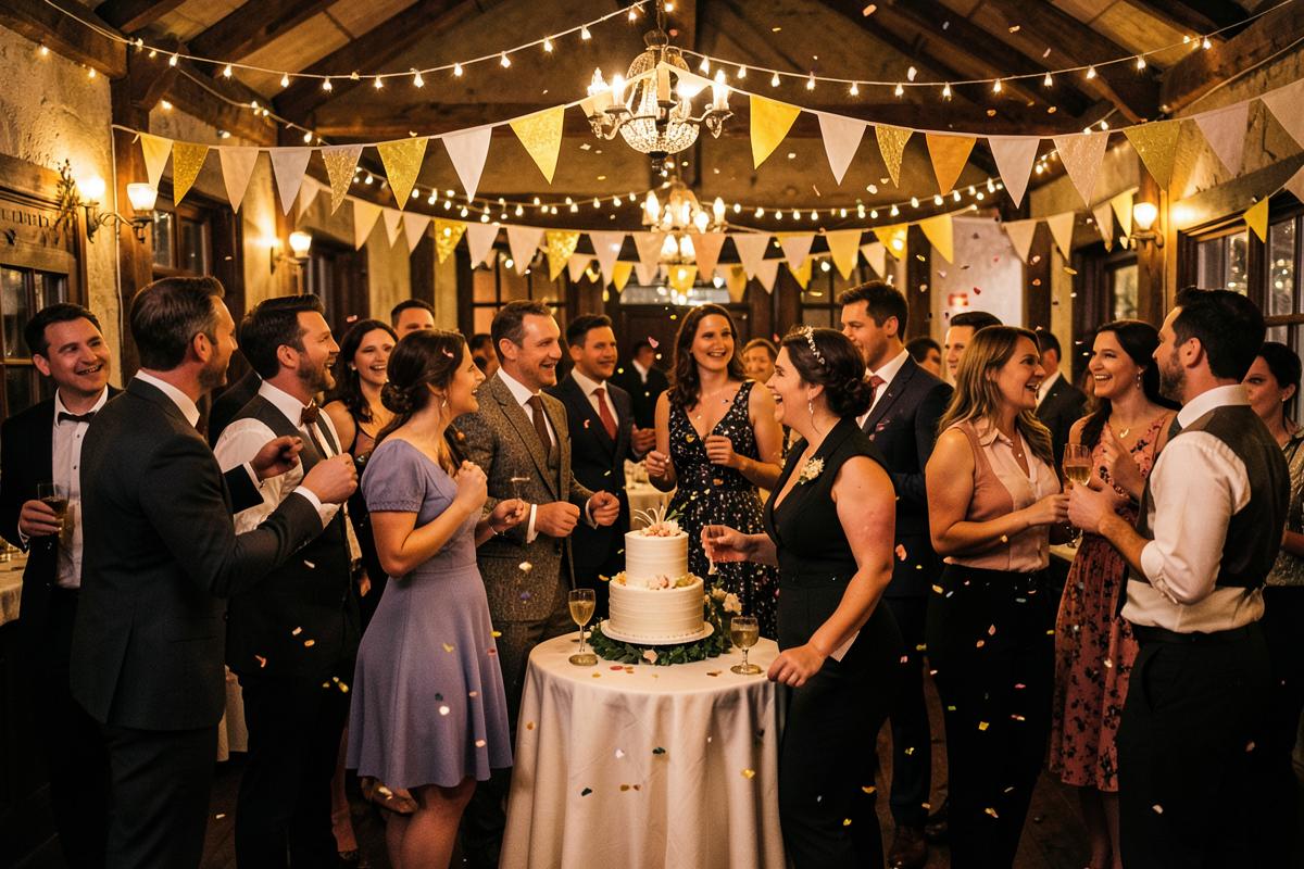 Guests in formal attire celebrating around a cake at a mock wedding party in a country pub