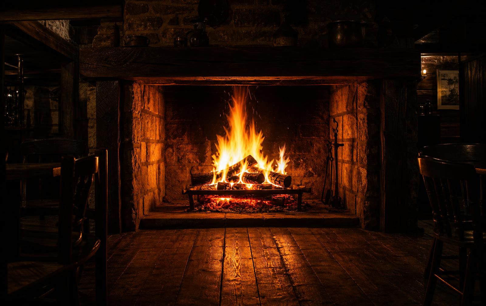 The open fireplace roaring in The Leura Hotel Bistro